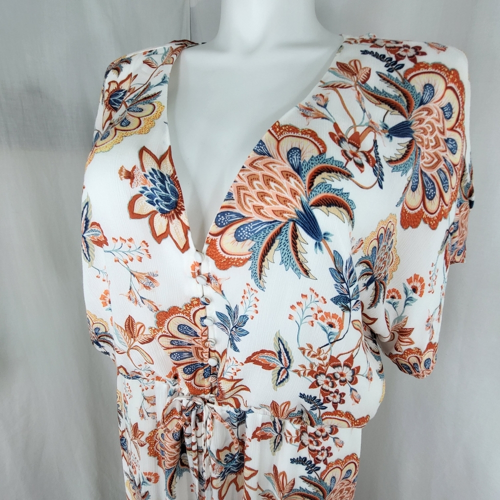 JustFab Floral Maxi DRESS Womens Size 1X Short Sleeve White Blues Rust Gauze - Picture 12 of 13